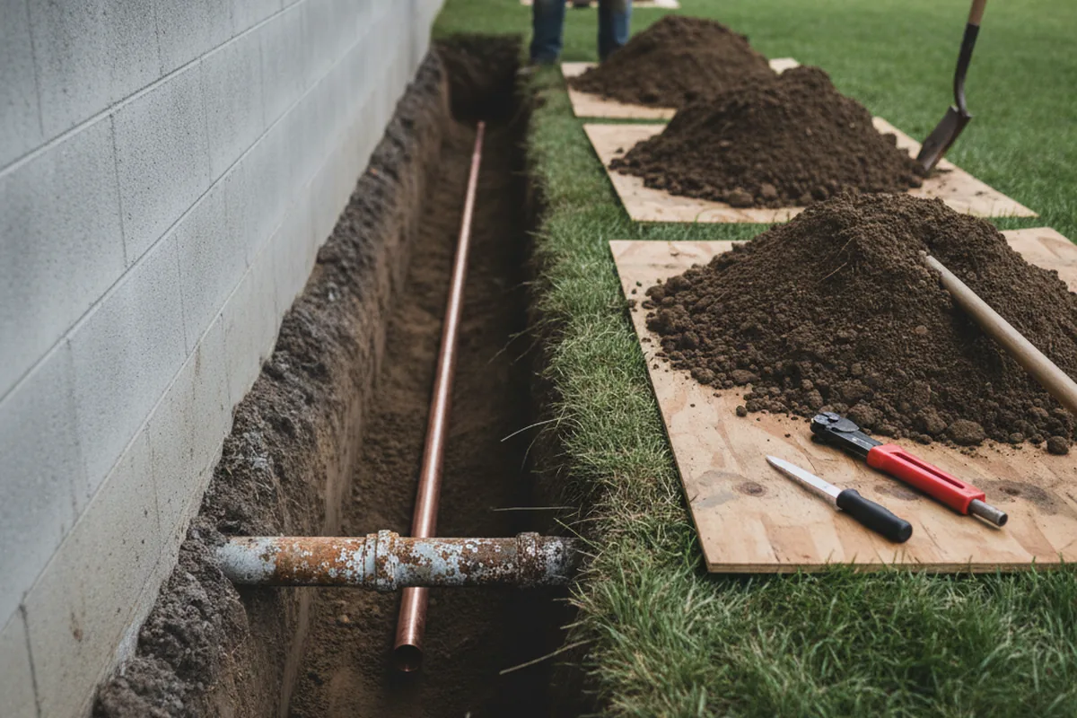 Excavated water line trench during Sewer Line Repair in Loveland